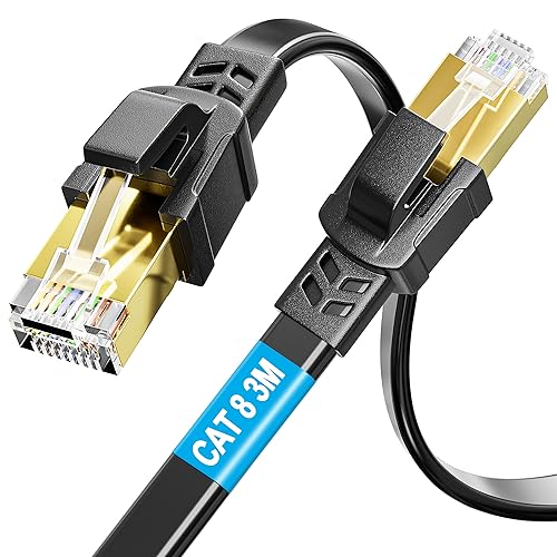 Cat 8 Ethernet Cable 3m, High Speed Wifi Cable 3 Meters Wlan Cable 40Gbps 2000MHz Lan Cable Flat Internet Cable Shielded RJ45 Cable Gigabit Network Cable Black Patch Cable for Router Modem