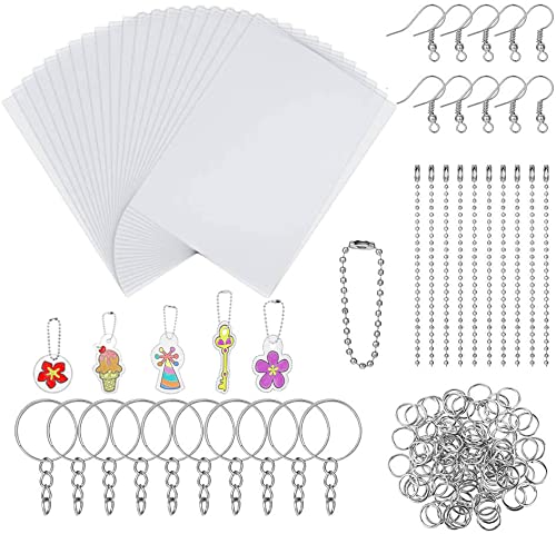 Tony-p 150 Pieces Heat Shrink Plastic Sheet Kit, 20 PCS Shrinky Art Paper with 130 PCS Keychains Accessories, DIY Hand Made Craft Tool for Kids