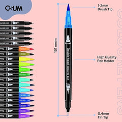 OSUM Colouring Pens wallet of 24   Felt fine tip Pens and Fineliners   Coloured Pens, Dual tip brush pens Art Supllies for Colouring Painting Sketching Highlighting