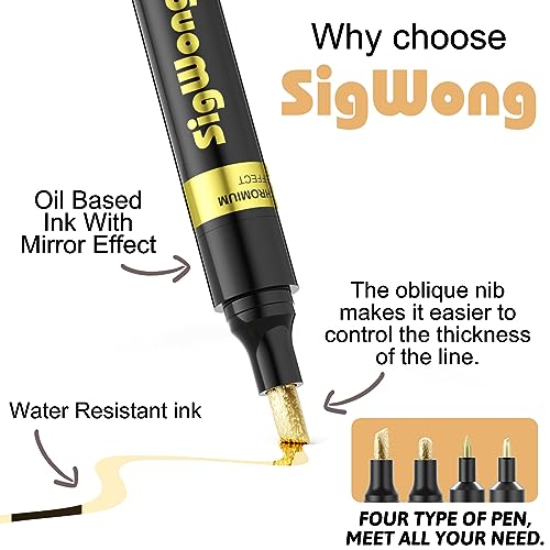 SigWong Metallic Chrome Markers, 4Pcs Mirror Acrylic Pens Paint, Waterproof and Reflective, Gloss Permanent Liquid Chrome Pen for Resin Painting, Model Metal Glass Plastic Painting - Gold