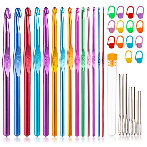 Tiiduo 37 PCS Crochet Hooks Set, High Quality Coloured Aluminum Ergonomic Handle Crochet, Hook Needles for Arthritic Hands, with Stitch Markers and Large-Eye Blunt Needles