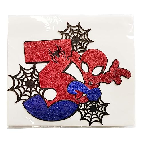 ZHIHUI 7 Pcs Cake Toppers, Personalised 3rd Birthday Cake Topper，Superhero Spiderman Happy Birthday Cake Toppers, Double Sided Glitter Cupcake Topper Birthday Party Decorations for Boys Children Kids