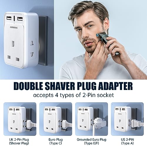 UK to US Plug Adapter, 6 IN 1 USA Travel Adapter with 2 USB-A Ports & 1 USB-C Ports(5V/3.4A) and 2 Shaver Plug Adaptor UK for Shaver/Toothbrush, US Plug Adapter for Thailand Mexico Colombia(Type B)