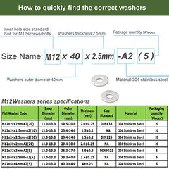 M12 Washers, M12 x 40mm Metal Flat Penny Washers Thickness 2.5mm- A2 304 Stainless Steel Washers (5 Pack),AMLOOPH Large OD Plain Wide Metal Washers, Round Flat Spacer Repair Washer For Screws Bolts