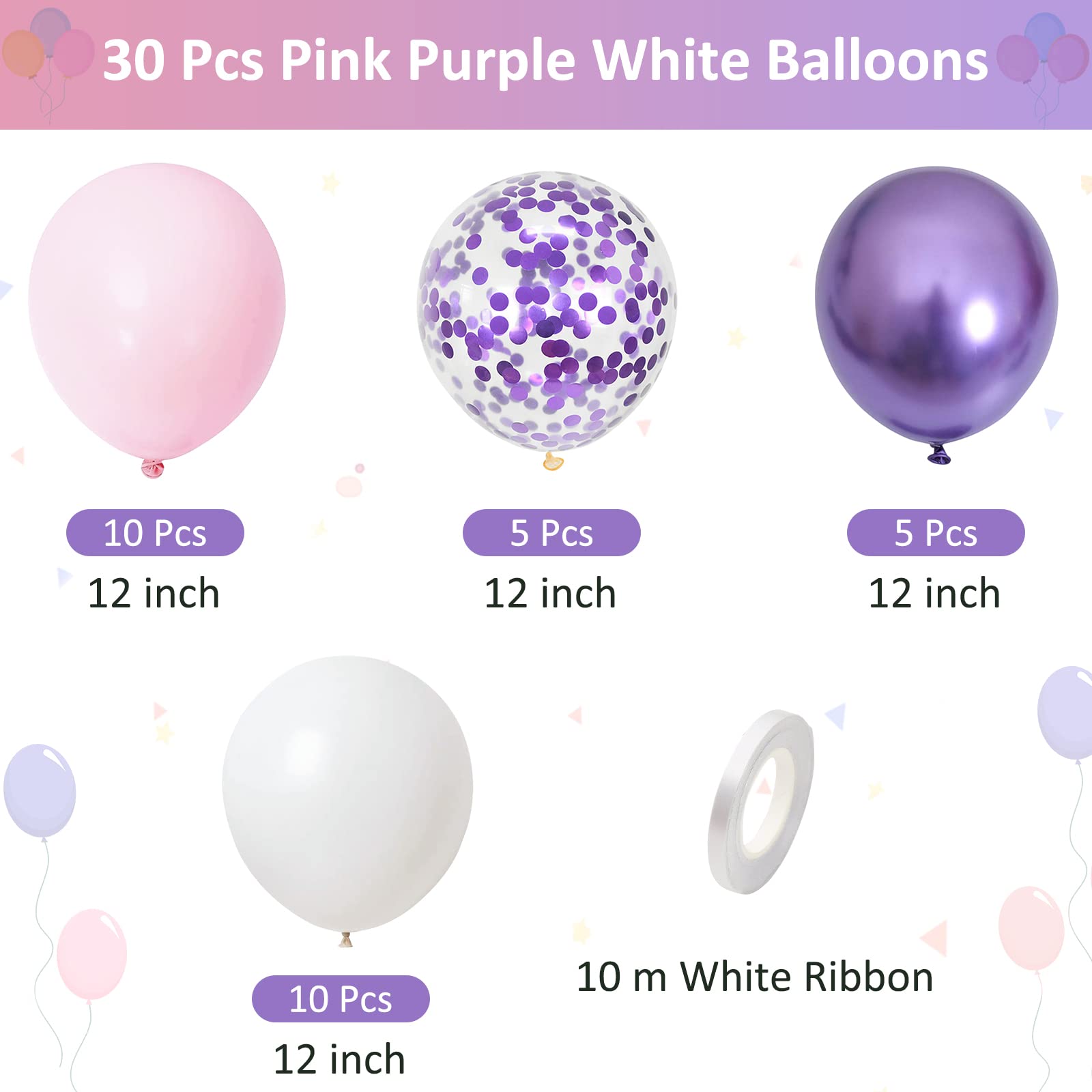 Bealif Pink Purple Balloons, 30 Pcs 12 Inch Pink White Latex Balloons Purple Metallic Confetti Party Balloons for Birthday Party Decorations Baby Shower Wedding Anniversary Festival Photo Shoot