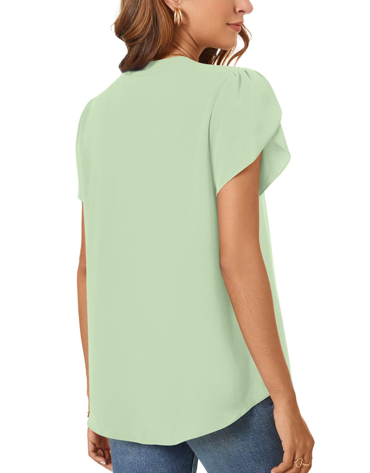 Aodemo Women's Summer Chiffon V Neck Blouses Tulip Short Sleeves Dressy Tunic Office Tops Casual Loose T-Shirts L, Matcha Green