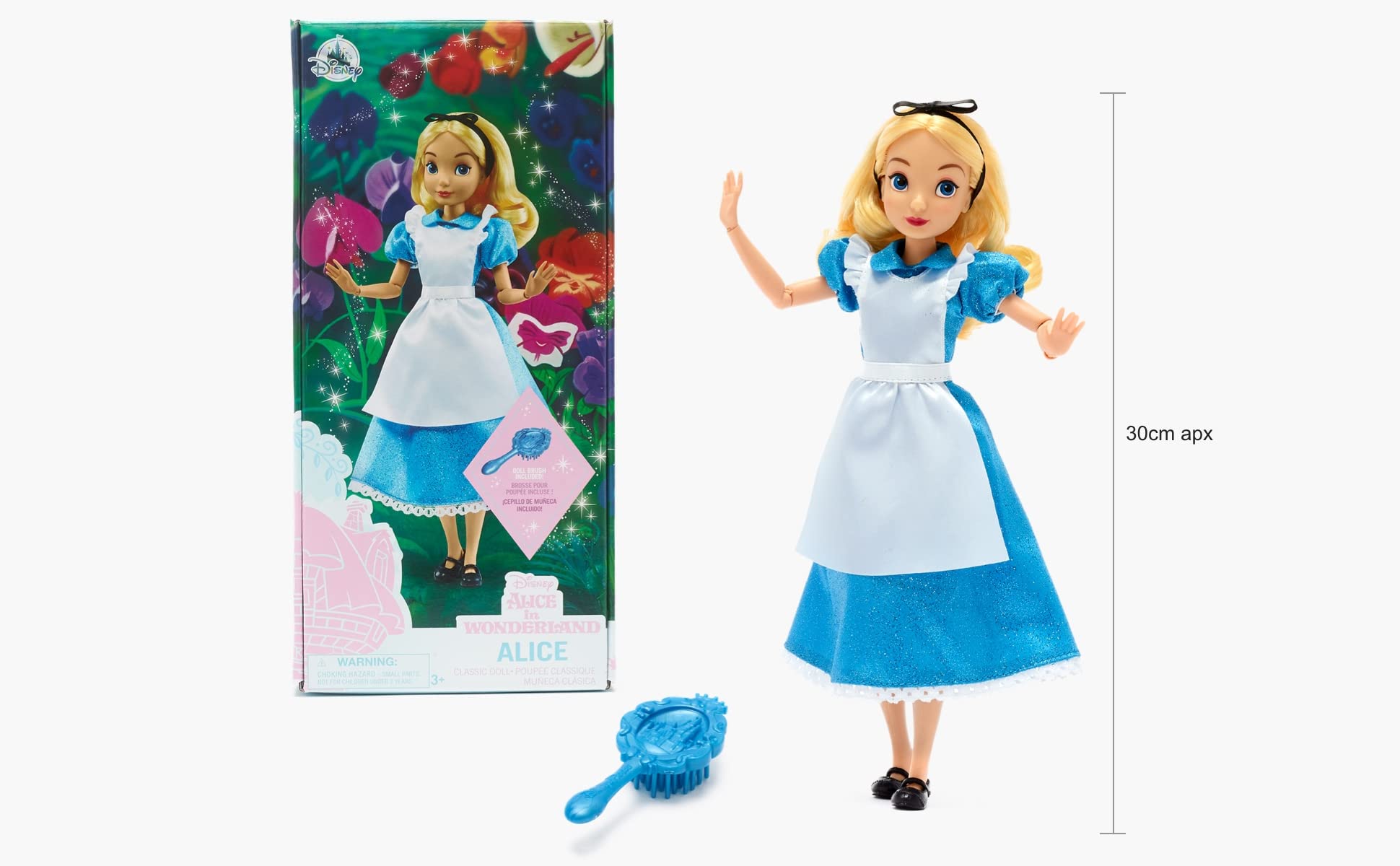 Disney Store Official Alice in Wonderland Classic Doll for Kids, 30cm/11”, Includes Brush, Fully Poseable Toy in Satin Dress and Pinafore - Suitable for Ages 3and