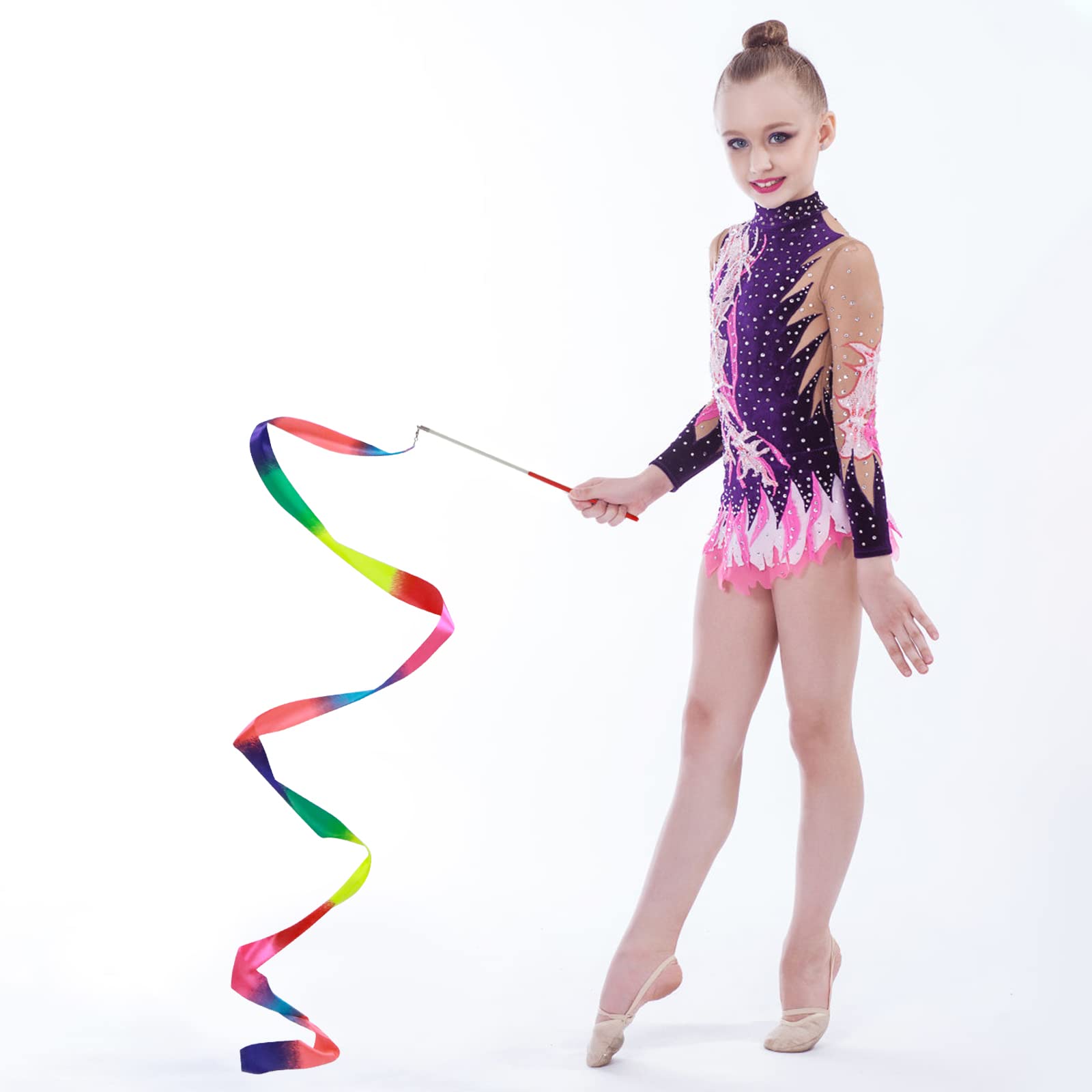 Abeillo 2pcs Rhythmic Dance Ribbons, 2M Gymnastics Ribbon Dancer Wand Dancing Ribbons Streamers for Kids, Fits Artistic Dancing Gymnastics, Circus Carnival Shows, Baton Stick Twirling (Rainbow)