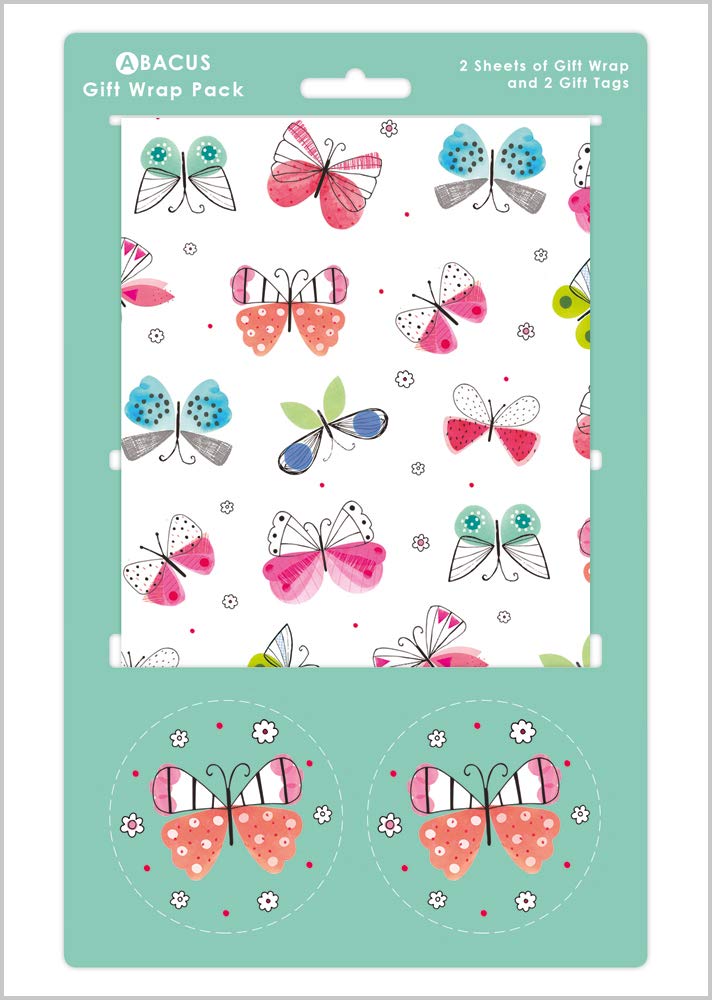 Abacus Cards 08778A  inchesBeautiful Butterflies inches Gift Wrap Pack with 2 Sheets & 2 Tags - Plastic Free & Fully Recyclable