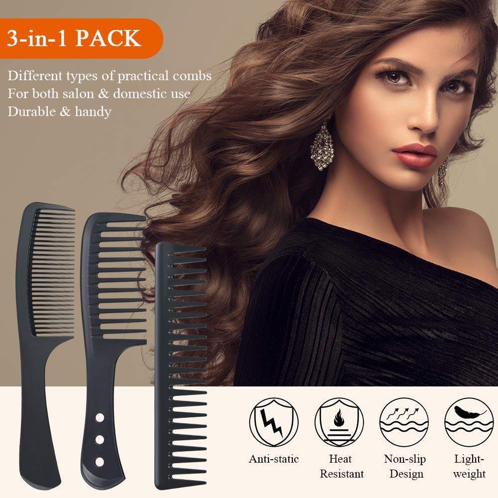 URAQT Hairdressing Combs Set, 3 Pack Wide Tooth Combs, Heat Resistant Anti-static Carbon Hair Brush Hair Comb for Long, Wet or Curly Hair Detangling