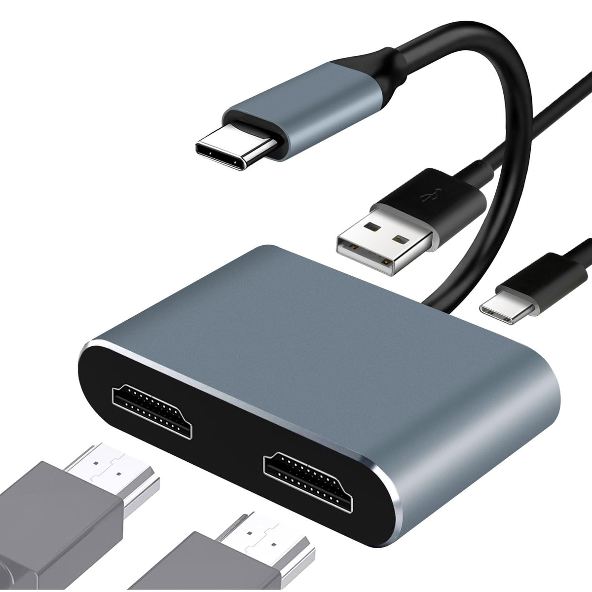 RUIZHI USB C to Dual HDMI Adapter, Support Dual 4K@30Hz, 4-IN-1 USB Type C Hub with 2 HDMI/USB3.0/PD Charging, Dual Screen Display USB-C Docking Station for Windows, MacOS