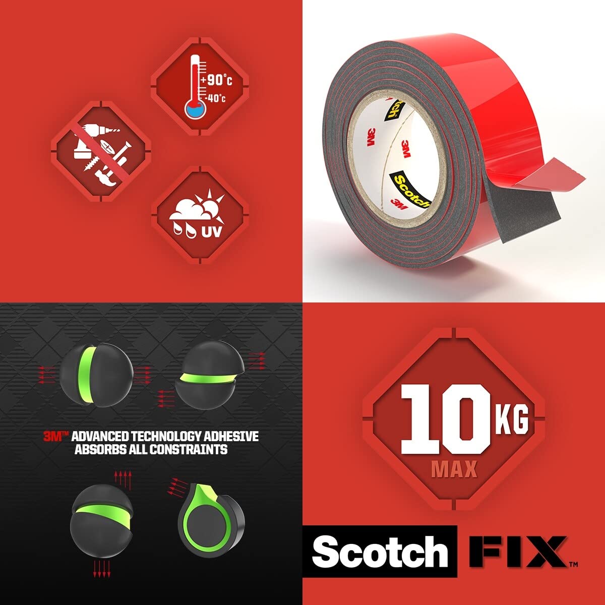 Scotch-Fix Double-Sided Extreme Exterior Mounting Tape, 19mm x 1,5m - For Outdoor Extreme Use, Weather Resistant, Permanent Tape, 100% Adhesive, 3M Advanced Technology - Holds up to 10kg