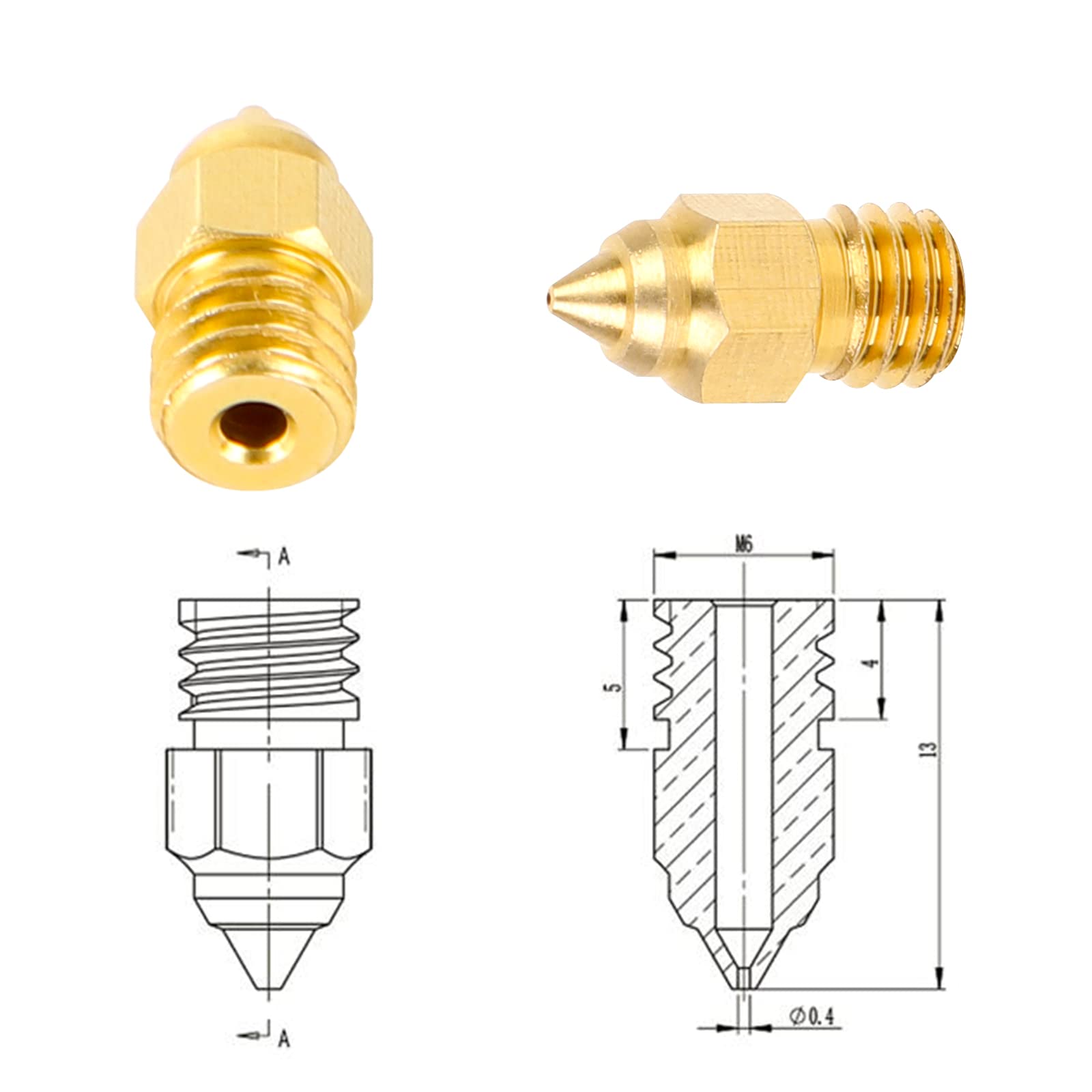 Creality Official 3D Printer Brass Nozzles MK8 0.4mm 5pcs for Ender 3 S1 Ender-3 S1 Pro CR-6 SE CR-6 Max Sermoon V1 Pro Ender-2 Pro CR-200B CR-5 Pro H(CT-380) CR-10 Smart