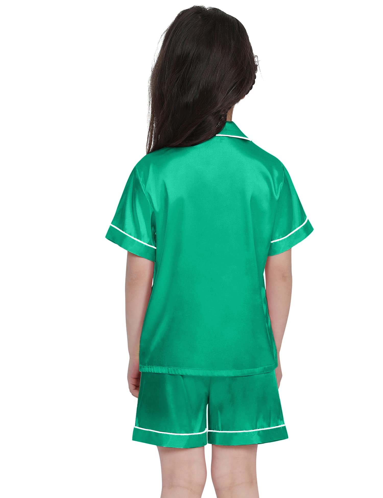 SWOMOG Girls Pyjamas Silk Satin PJs for Kids Boys Short Sleeve Sleepwear Silky Pyjama Sets for Teenage Children Emerald Green