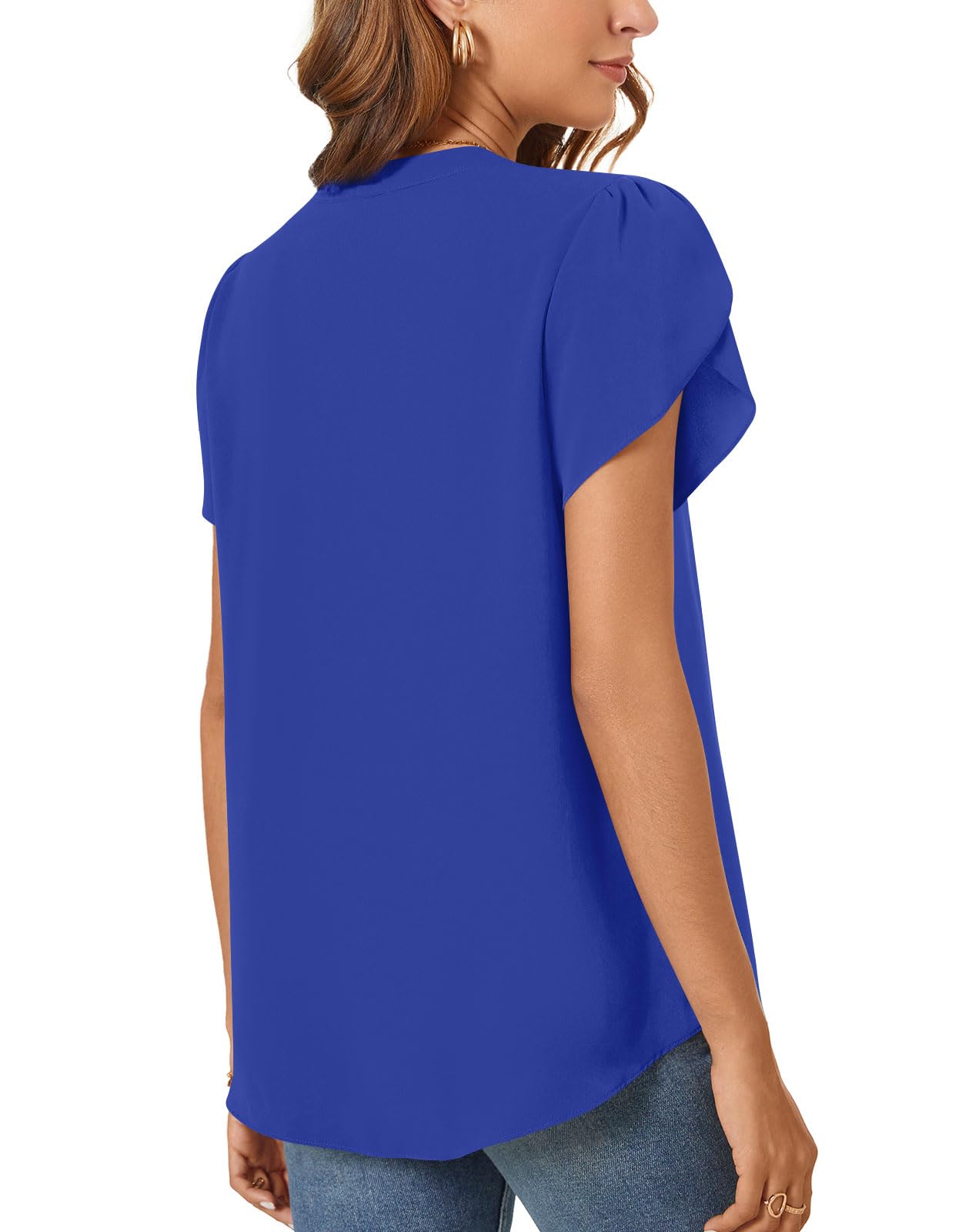 Aodemo Women's Summer Chiffon V Neck Blouses Tulip Short Sleeves Dressy Tunic Office Tops Casual Plus Size T-Shirts 2XL, Royal Blue