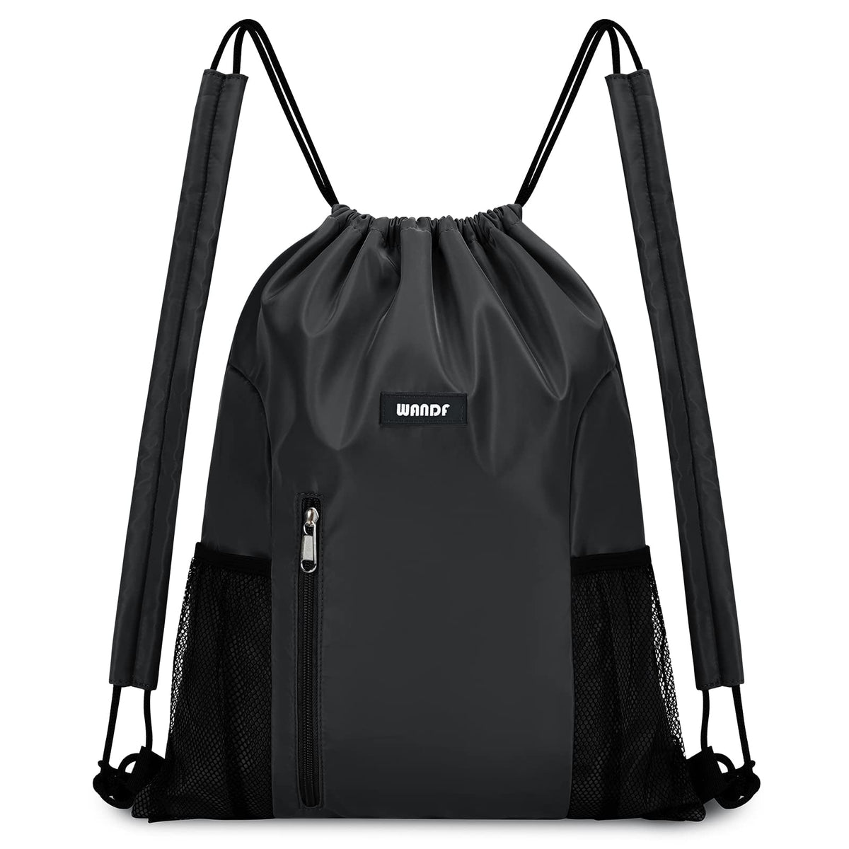 WANDF Drawstring Backpack with Shoulder Pad Sports Gym Backpack with Mesh Pocket String Bag for Women Men (Black)