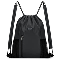 WANDF Drawstring Backpack with Shoulder Pad Sports Gym Backpack with Mesh Pocket String Bag for Women Men (Black)