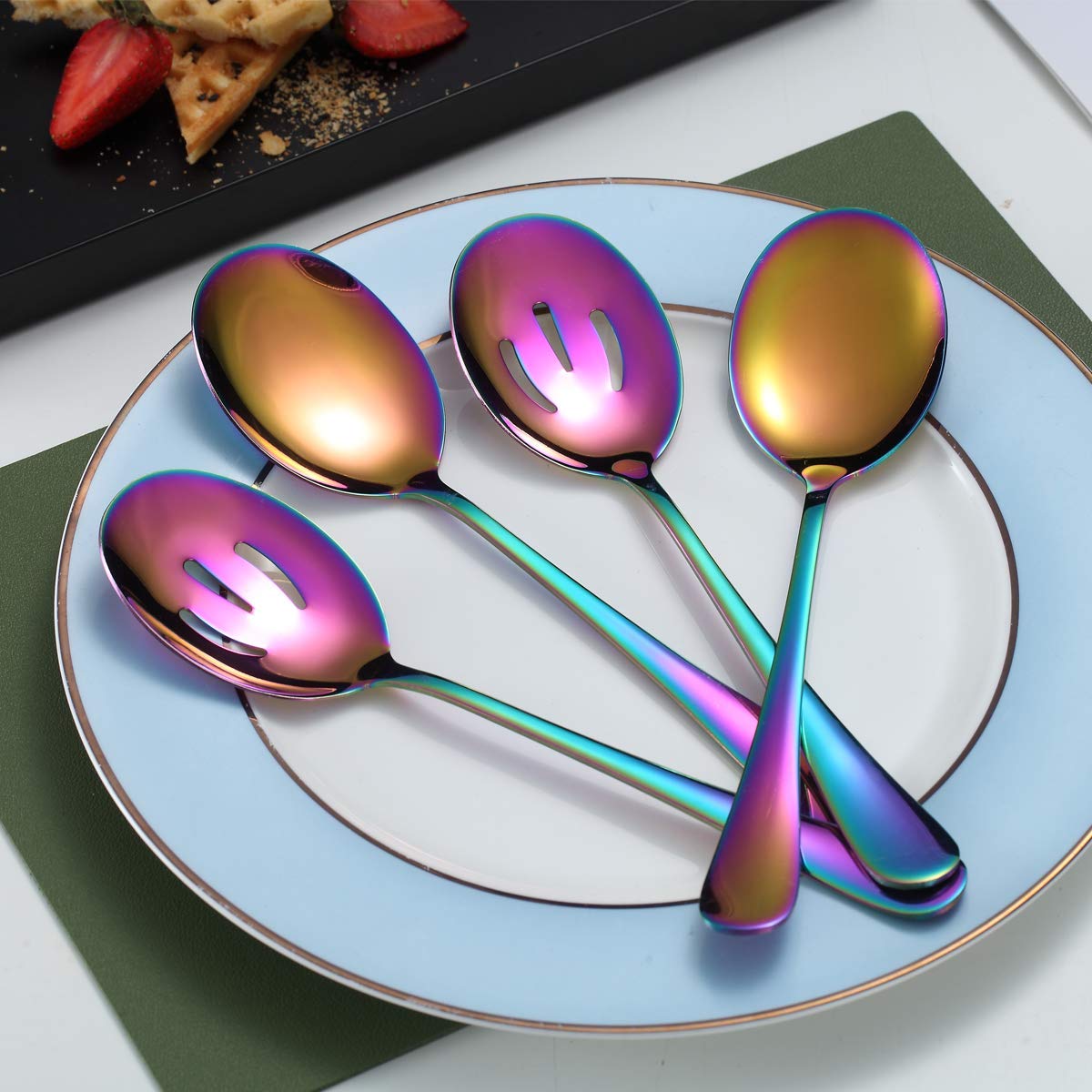 Rainbow Serving Spoons 4 Pieces, Kyraton Titanium Plating Serving Spoon, Include 2 Serving Spoon and 2 Slotted Spoons, Stainless Steel Serving Utensils, Serving Set Packing of 4