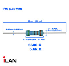 iLAN 100pcs 5.6K ohm Resistor 1/4w (0.25 Watt) ±1% Tolerance Metal Film Fixed Resistor (5.6K ohm)