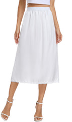 Vlazom Women's Satin Half Slips Lace Long Underskirt Soft Waist Slips for Under Dresses Long Skirt Petticoat,White,M