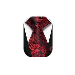 HISDERN Men's Paisley Floral Tie Handkerchief Wedding Party Necktie & Pocket Square Set For Classic Business (One Size, Burgundy/Black)