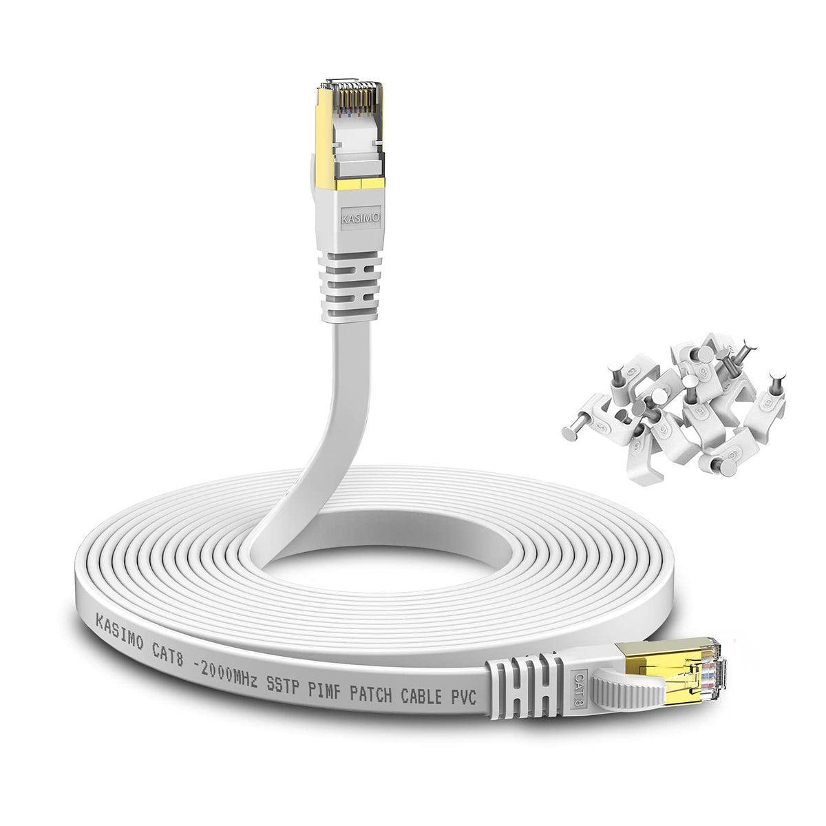 KASIMO Cat 8 Flat Ethernet Cable 10M Internet LAN Cable with Cable Clips 40Gbps 2000MHz High Speed Network Patch Cable White SSTP Ethernet Cord with RJ45 Connector for Router Modem Switch Gaming