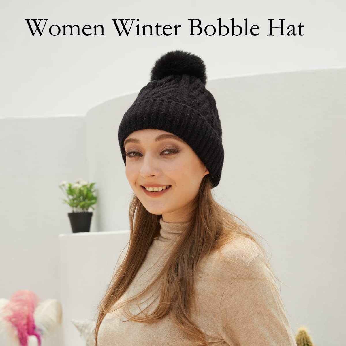 Bobble Hat Women - Fleece Lined Beanie Hats Thermal Knitted Wooly Winter Hats Ladies Cable Knit Hats with Faux Fur Pom Pom Pink