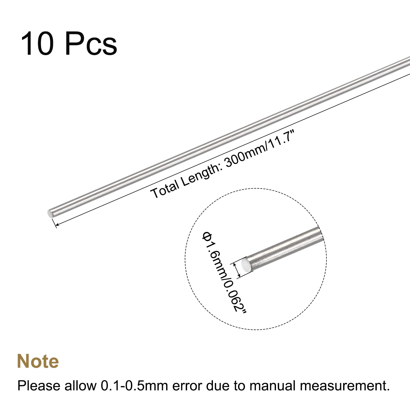 sourcing map 304 Stainless Steel Round Rods Bar,1.6mm Diameter 300mm Length for Various Shaft DIY Craft Model Car Plane Ship Pack of 10