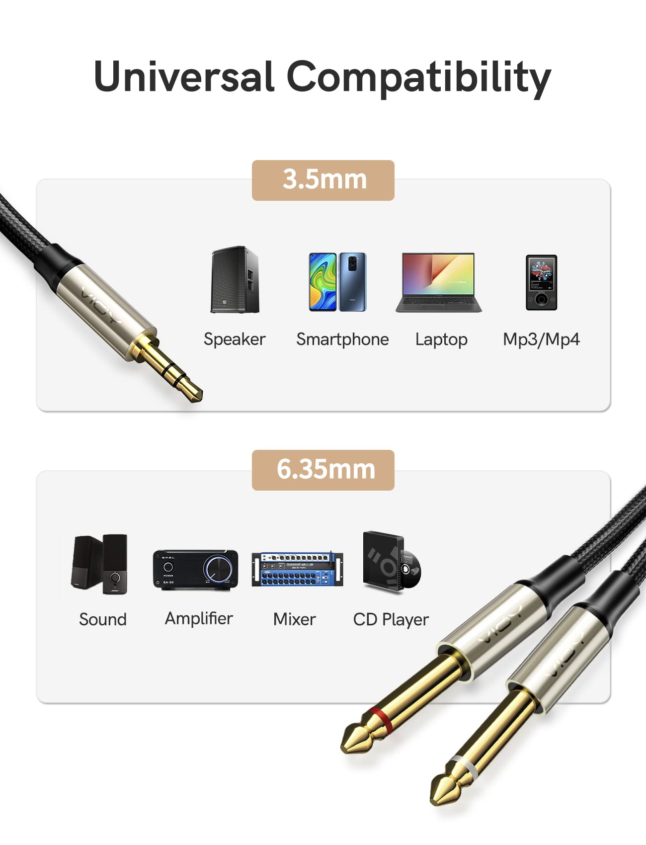 3.5mm to 6.35mm Audio Cable[3 M], 1/8’’ Stereo TRS to Dual 1/4’’ Mono TS Jack Y Splitter Adapter Braided Gold-Plated Digital Interface Instrument Cable for Mixer, Guitar, Amplifier, Audio Recorder