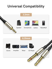 3.5mm to 6.35mm Audio Cable[3 M], 1/8’’ Stereo TRS to Dual 1/4’’ Mono TS Jack Y Splitter Adapter Braided Gold-Plated Digital Interface Instrument Cable for Mixer, Guitar, Amplifier, Audio Recorder