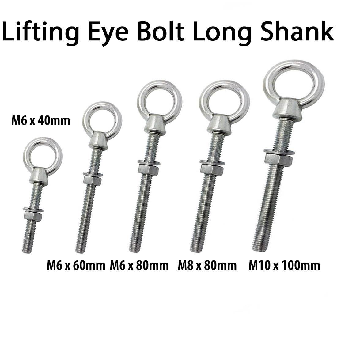 M6 x 60mm Lifting Long Eye Bolt Longshank with Full Nuts and Washer Stainless Steel Marine Grade (Pack of 1)