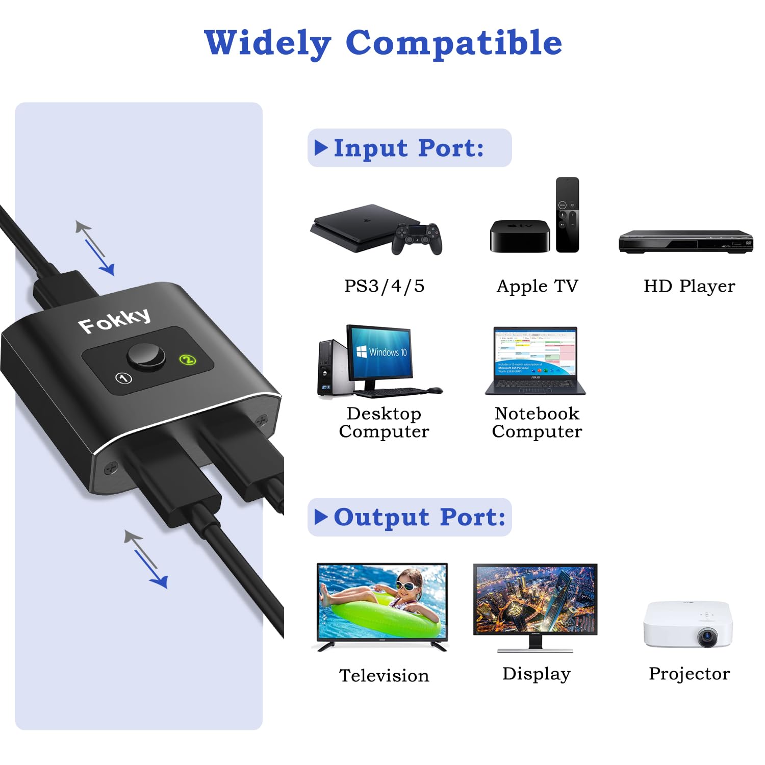 Fokky HDMI Splitter 4K@60Hz, Bidirectional HDMI Switch, Aluminum HDMI Splitter 2 in 1 out / 1 In 2 out, HDMI Splitter for dual monitors, Support 3D 1080P, suit for Xbox,PS5/4,DVD,【CABLE NOT INCLUDE】