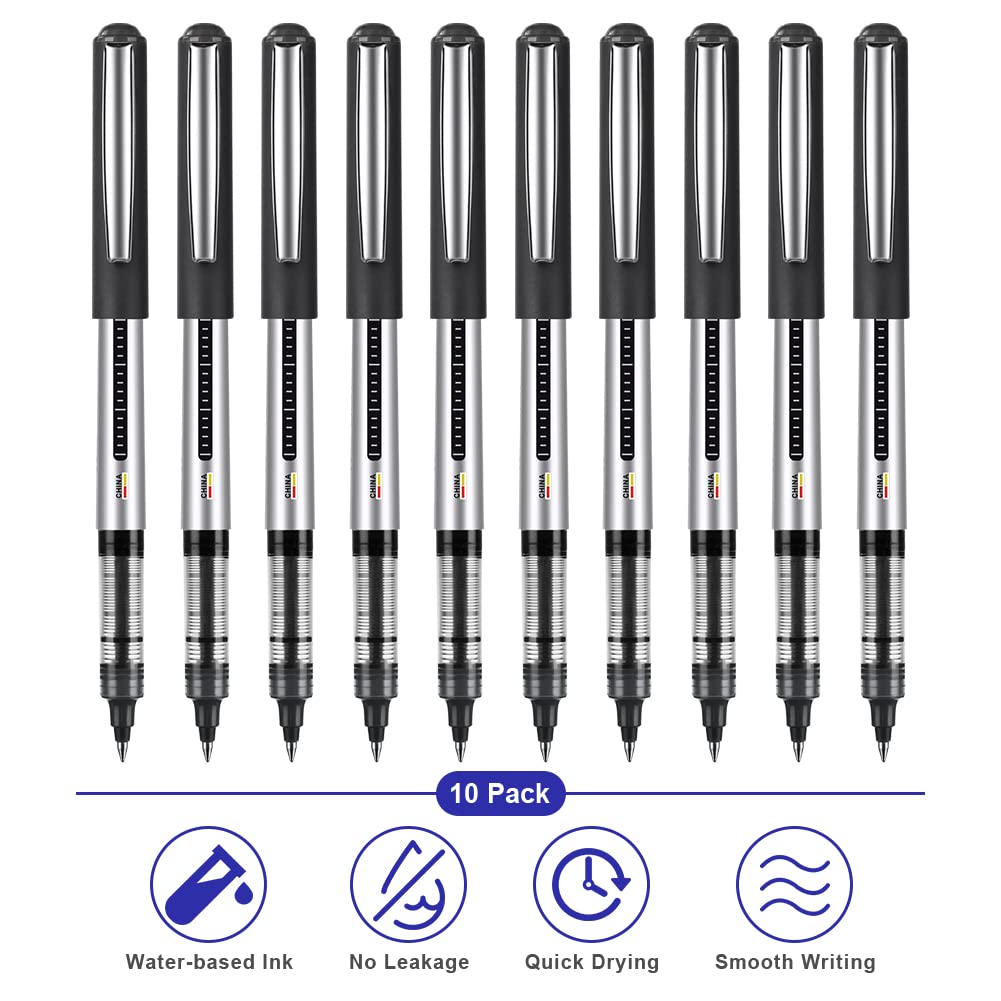 OFFCUP Liquid Ink Rollerball Pen, 10pcs Gel Pens, 0.5mm Quick-Drying Ballpoint Pens Rollerball Pens Writing Pens for Bullet Journal, Notebook. School & Office Accessories for Students Adults (Black)