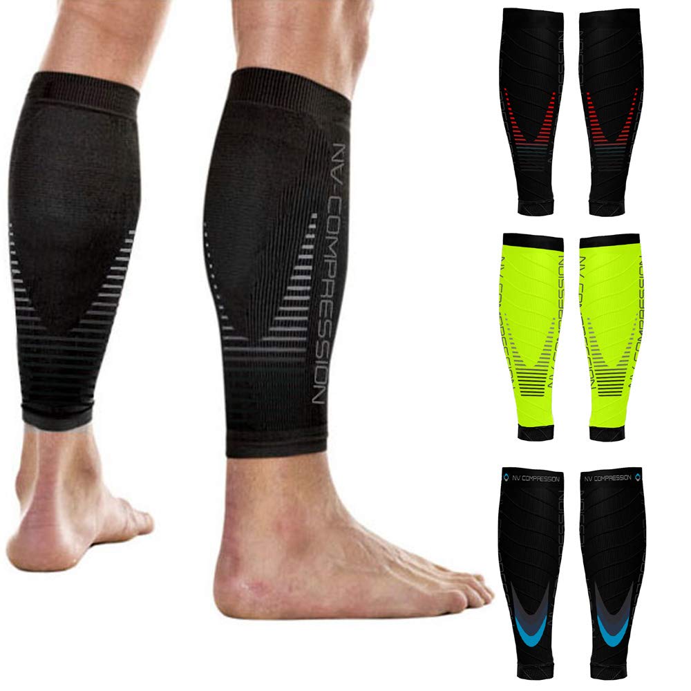 NV Compression Essential Race and Recover Calf Guards/Sleeves (PAIR) 20-30mmHg - For Sports Recovery, Shin Splints, Medical, Work, Flight - Running, Cycling (S.Blk, XXL)