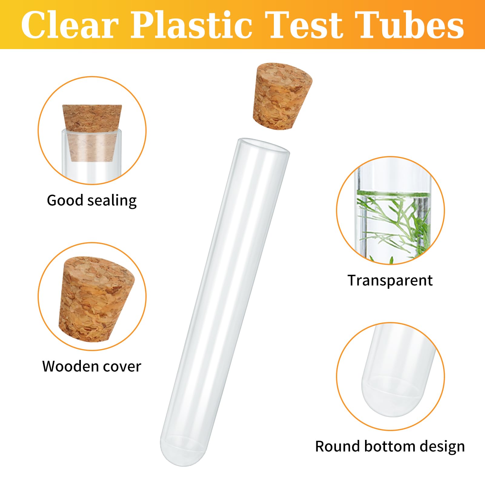 FRIUSATE 50 PCS Plastic Test Tubes, 5ML Clear Plastic Test Tubes with Cork Stoppers, Transparent Sealing Storage Plastic Tube with Cleaning Brush for Flowers Spices Candy Liquid Laboratory