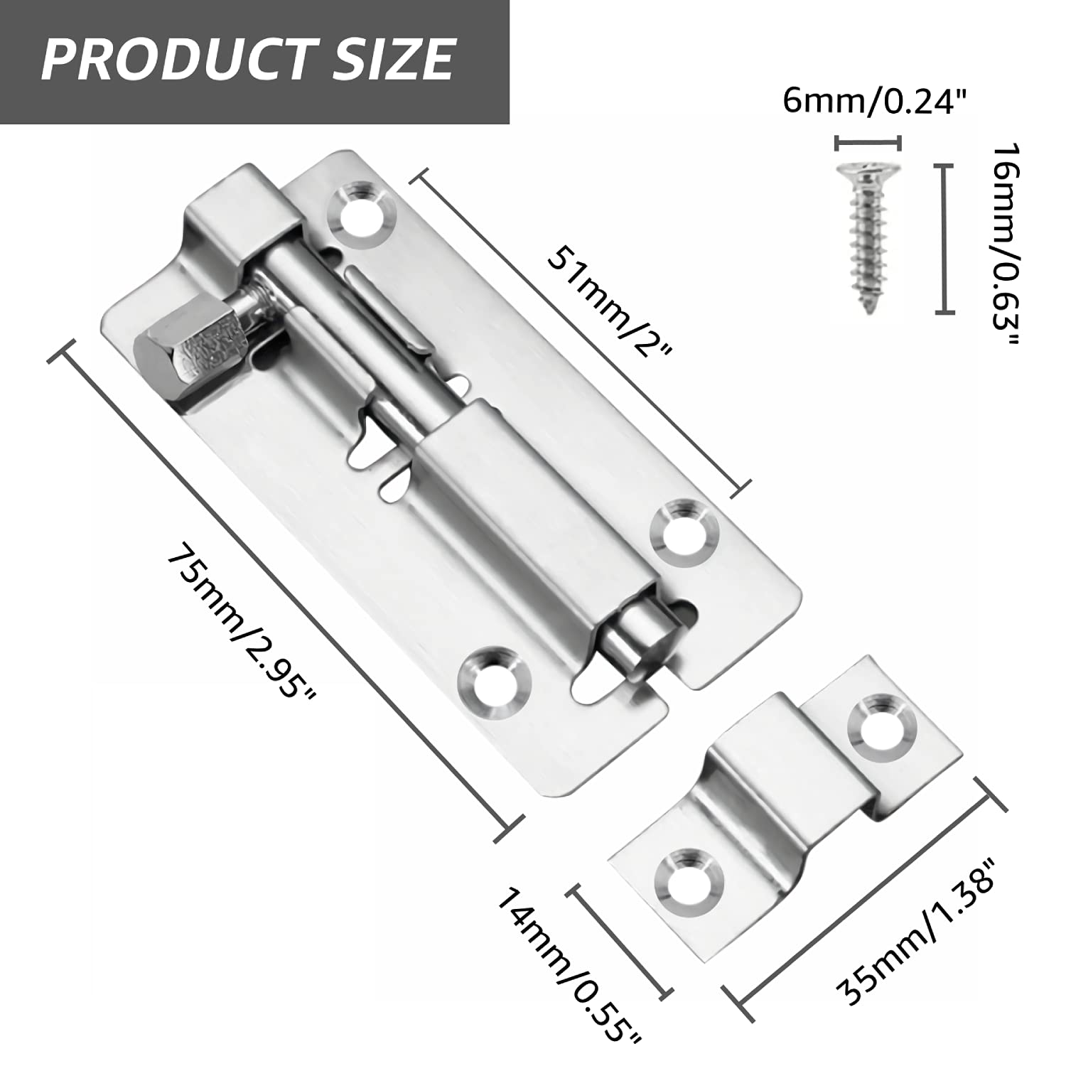 JelKen Door Lock Bolts 3 inches(75mm), 304 Stainless Steel Door Latch Slide Bolts Lock with Screws for Bathroom Bedroom Shed Garden Toilet, 3 Inch