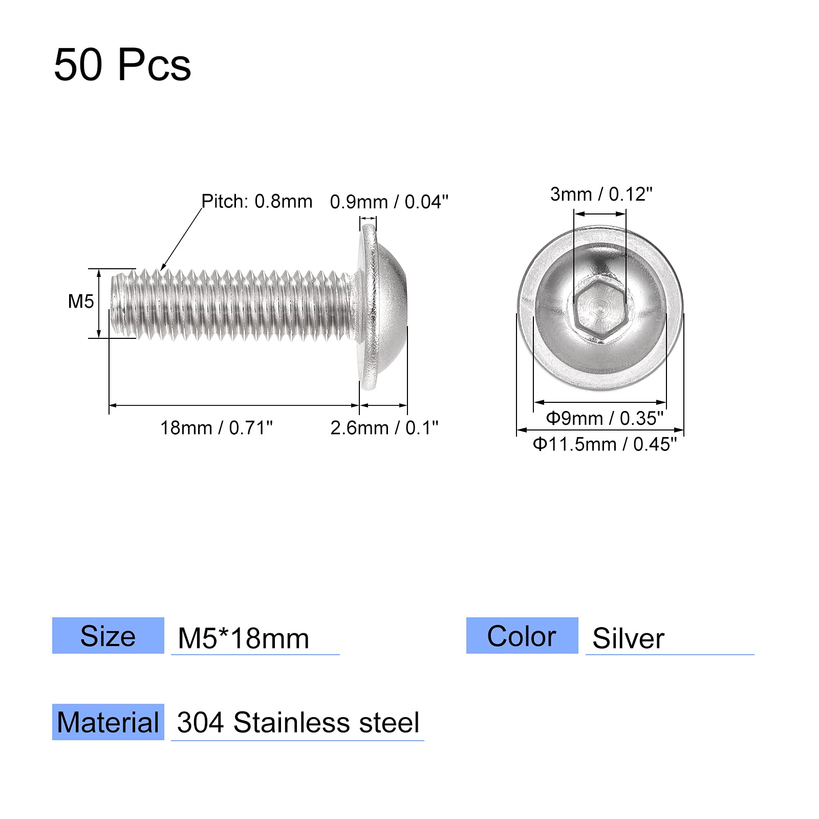 sourcing map Flanged Button Head Socket Cap Screws, M5*18mm Hex Socket Drive Screw, 304 Stainless Steel Fasteners Bolts, Fully Threaded Machine Screw 50Pcs