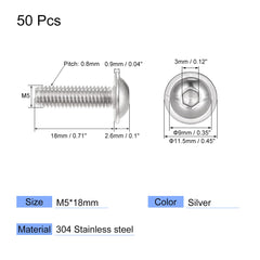 sourcing map Flanged Button Head Socket Cap Screws, M5*18mm Hex Socket Drive Screw, 304 Stainless Steel Fasteners Bolts, Fully Threaded Machine Screw 50Pcs