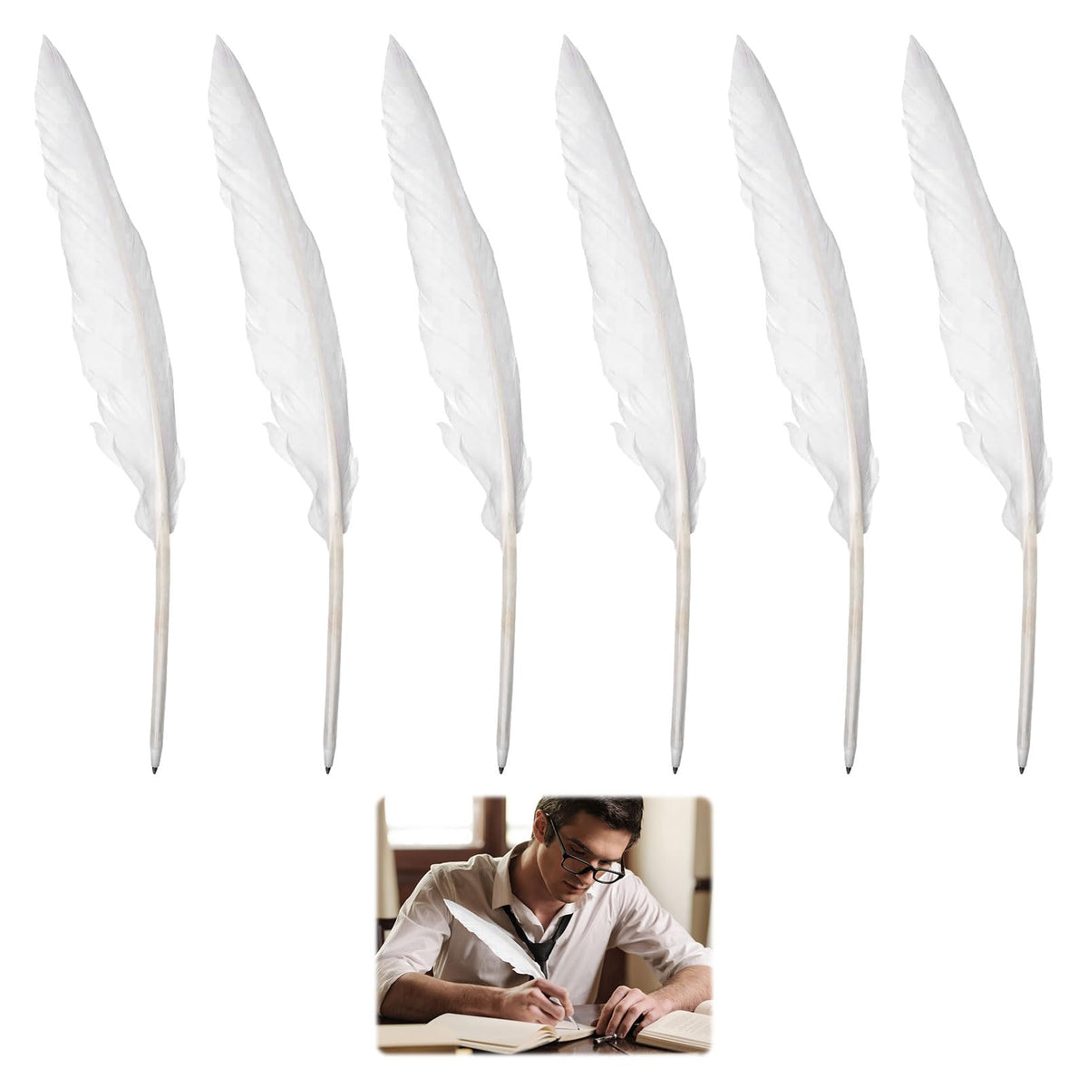 6PCS Ball Point Feather Pens Elegant and Retro Feather Pen Goose Feather and Plastic Quill Pen School Office Birthday Party