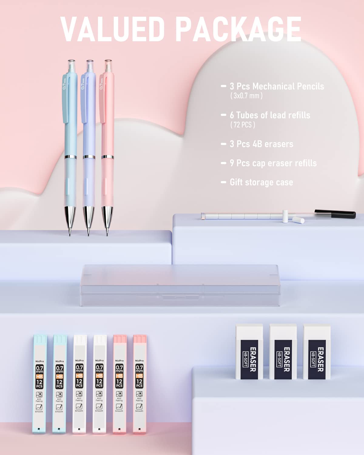 Nicpro 3PCS Pastel Mechanical Pencil Set, 0.7 mm Clutch Propelling Cute Pencil with 6 Tubes HB Lead Refills, 3PCS Eraser & 9PCS Eraser Refill for Student Writing, Drafting, Sketching -Come with Case