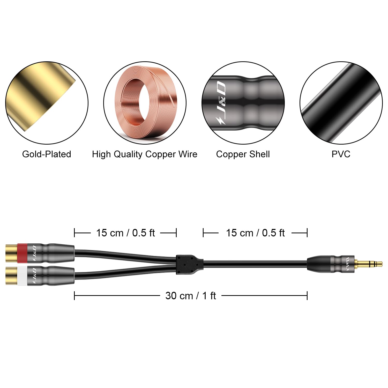 J&D 3.5 mm to Dual RCA Audio Cable, Heavy Duty 3.5mm Male to 2 RCA Female Gold Plated Copper Shell Stereo Audio Adapter Cable, 0.3 Meter