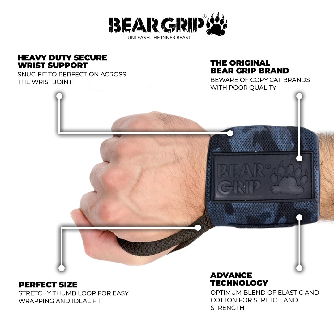 BEAR GRIP SPECIAL EDITION Premium weight lifting wrist support wraps (BLACK-CAMO, 18 Inches)