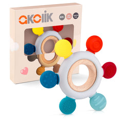 akolik Teething Toys for Baby, Baby teether, Silicone Teething for Babies 0-6 6-12 Months, BPA-Free with Wooden Ring Silicone Chewable Teether (Rudder D)