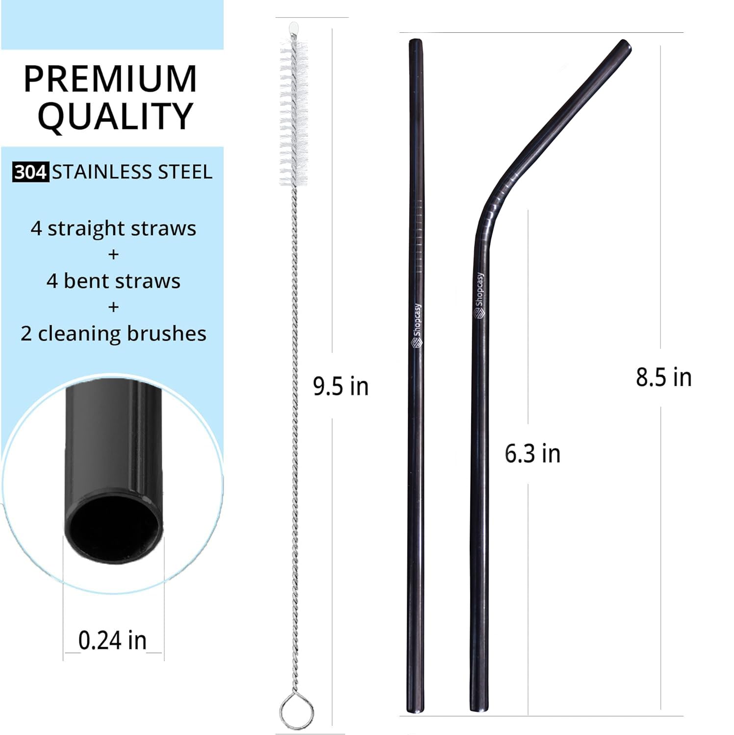 Set of 10 Metal Straws Drinking (4 Straight and 4 Bent and 2 Cleaners), 8.5” Eco-Friendly Reusable Straws   Stainless Steel Drinking Straws for Tumbler, Cocktail with Travel case (Black)