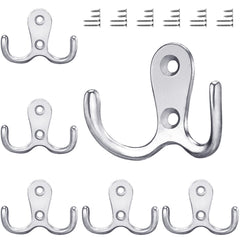 Gorffy Door Hooks 6 Pcs, Double Coat Hooks with 24 Screws, Retro Silver Coat Hooks for Door & Wall, Heavy Duty Metal Door Hooks Screw in for Hanging Robe, Towel, Coat, Bag & Hat (Silver, 6 Pcs)