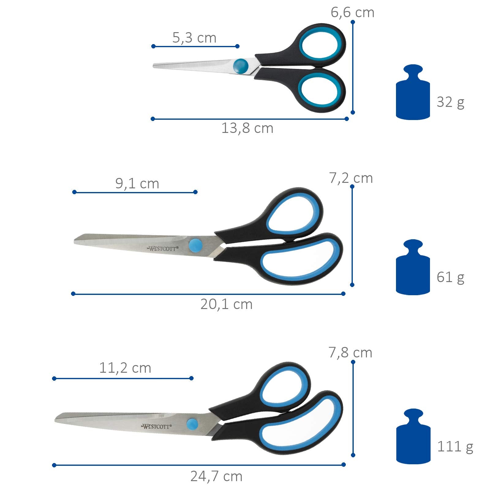 Westcott N-9002700 Easy Grip Soft Grip Scissor - Black/Blue (Set of 3)