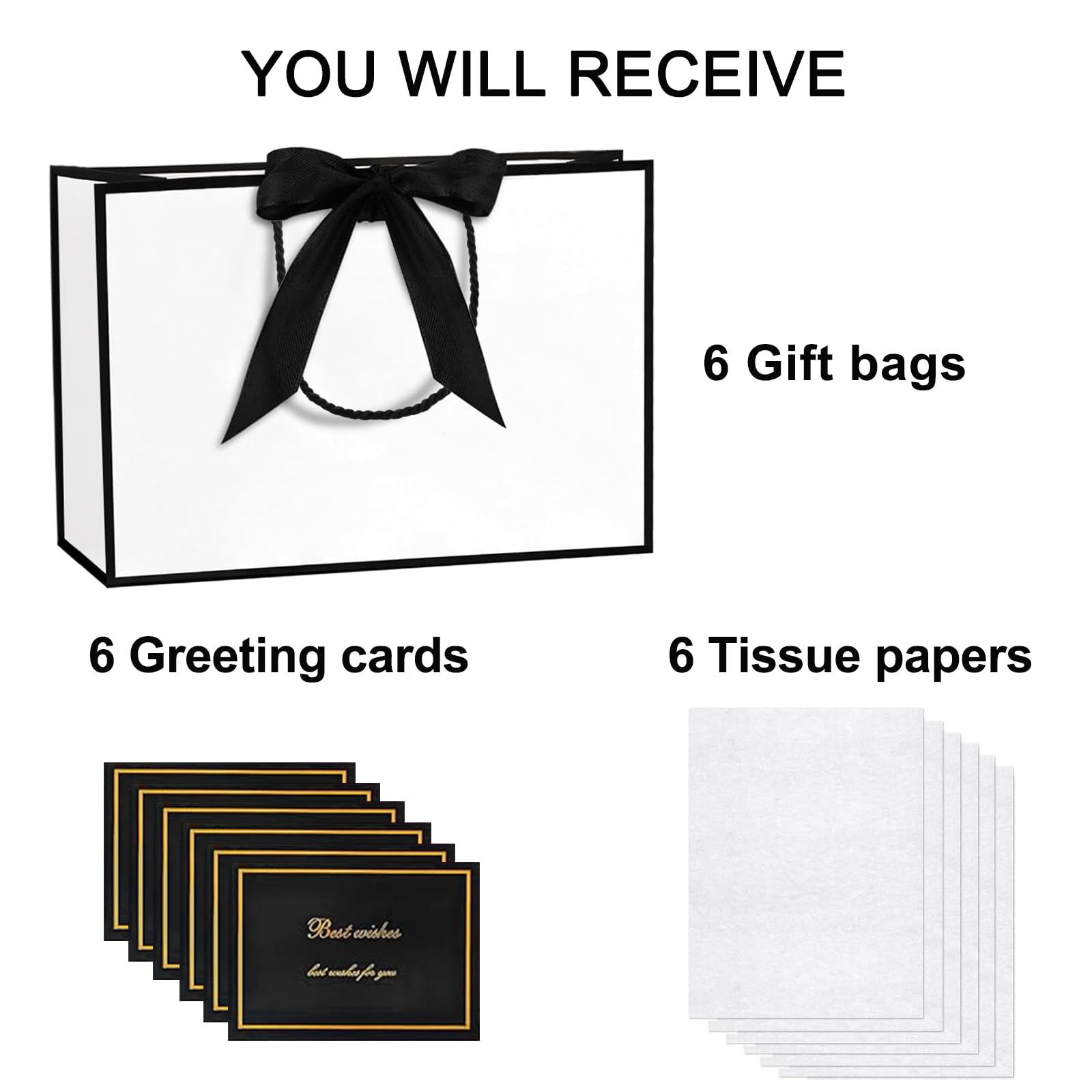 NADSSJL 6Pcs Gift Bags - Gift Bags Medium with 6 Bow Ribbons, 6 Tissue Papers, and 6 Cards. Party Bags with Handles for Weddings, Birthdays, Parties, Valentine's Day and Christmas (Black-White)