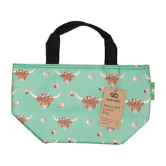 ECO CHIC Lightweight Foldable Insulated Lunch Bag Water Resistant Cooler Bag (Floral Highland Cow Green)