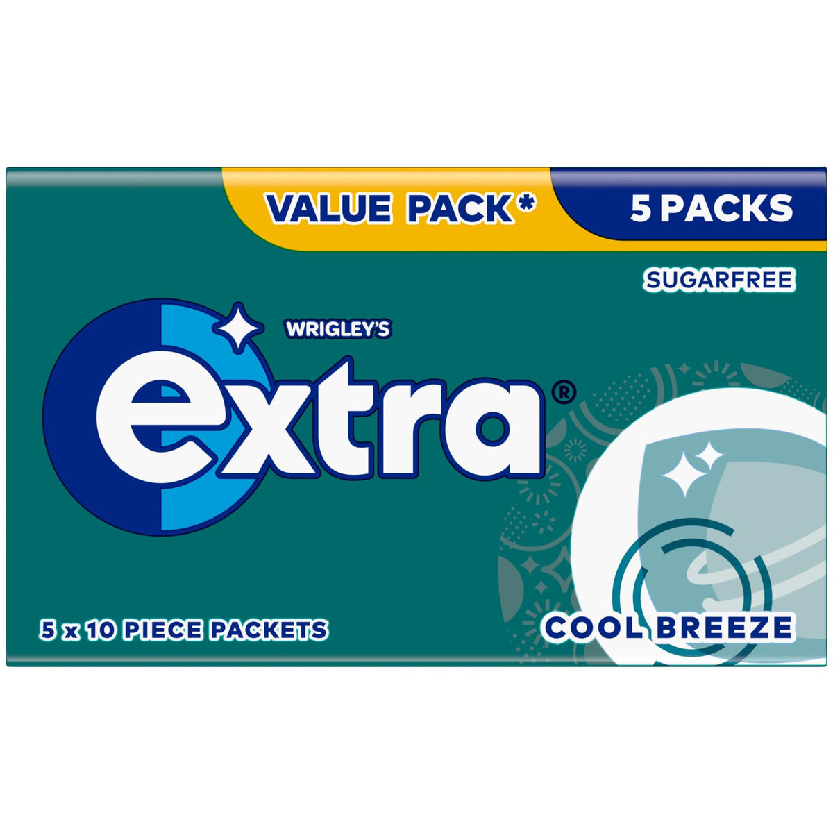 Extra Chewing Gum, Sugar Free, Cool Breeze Flavour, 5 x 10 Pieces