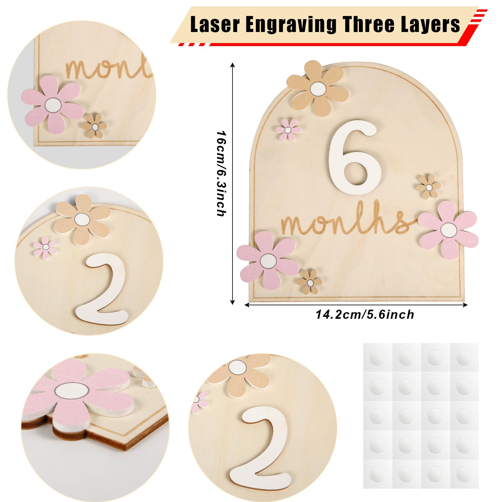 2pcs Baby Monthly Milestone Cards with Glue Points, Flower-Styled Baby Monthly Milestone Markers Wooden Baby Milestone Discs Photo Props for Infants 0-12 Months Baby Shower Growth Recording